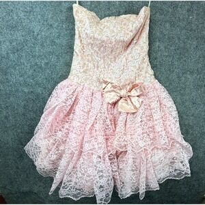 Vintage Loralie Dress Womens 12 Pink 80s Lace Sequin Bow Prom Formal Fairy Glam